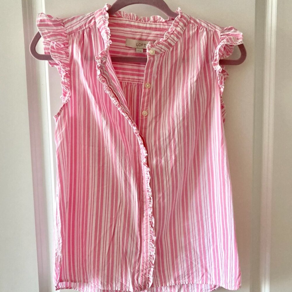 Ann Taylor LOFT pink striped ruffle sleeveless blouse xs